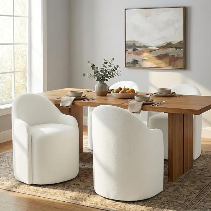 Upholstered Dining Chairs with Casters, No Assembly Modern Dining Room Chairs Accent Vanity Chair with 5 Wheels & Round Backrest for Bedroom, Living Room, Dressing, Linen Fabric, Set of 2