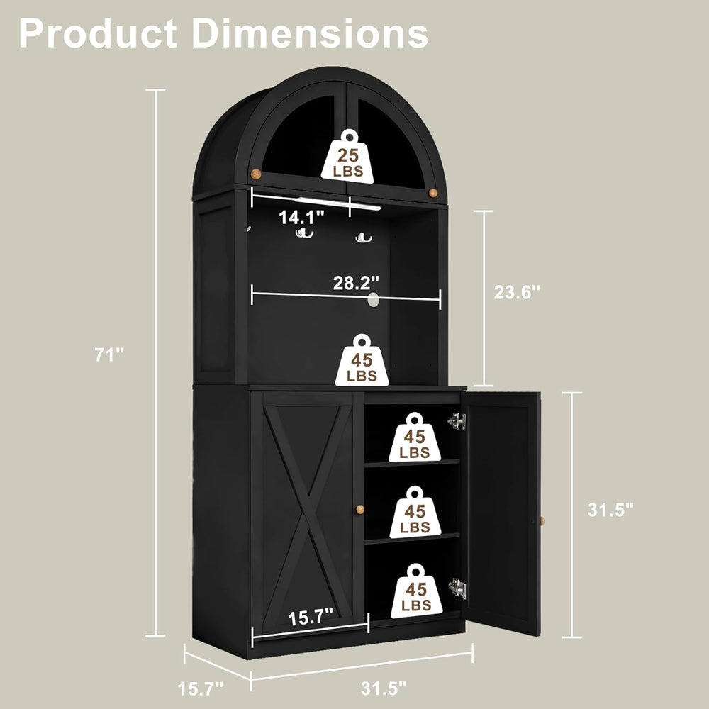 71" Tall Arched Kitchen Pantry Cabinet, Farmhouse Storage Cabinet with L...