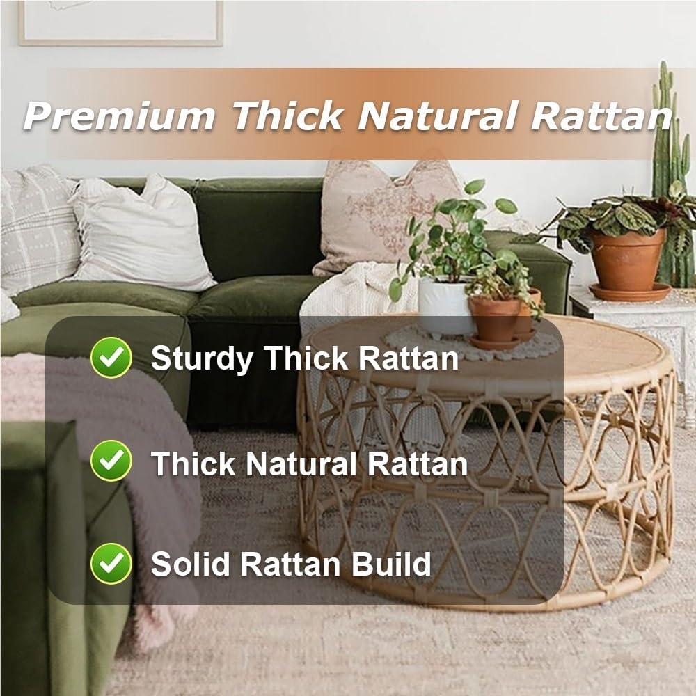 Natural Thick Rattan Coffee Table, Hand-Woven Living Room Furniture, Sturdy S...