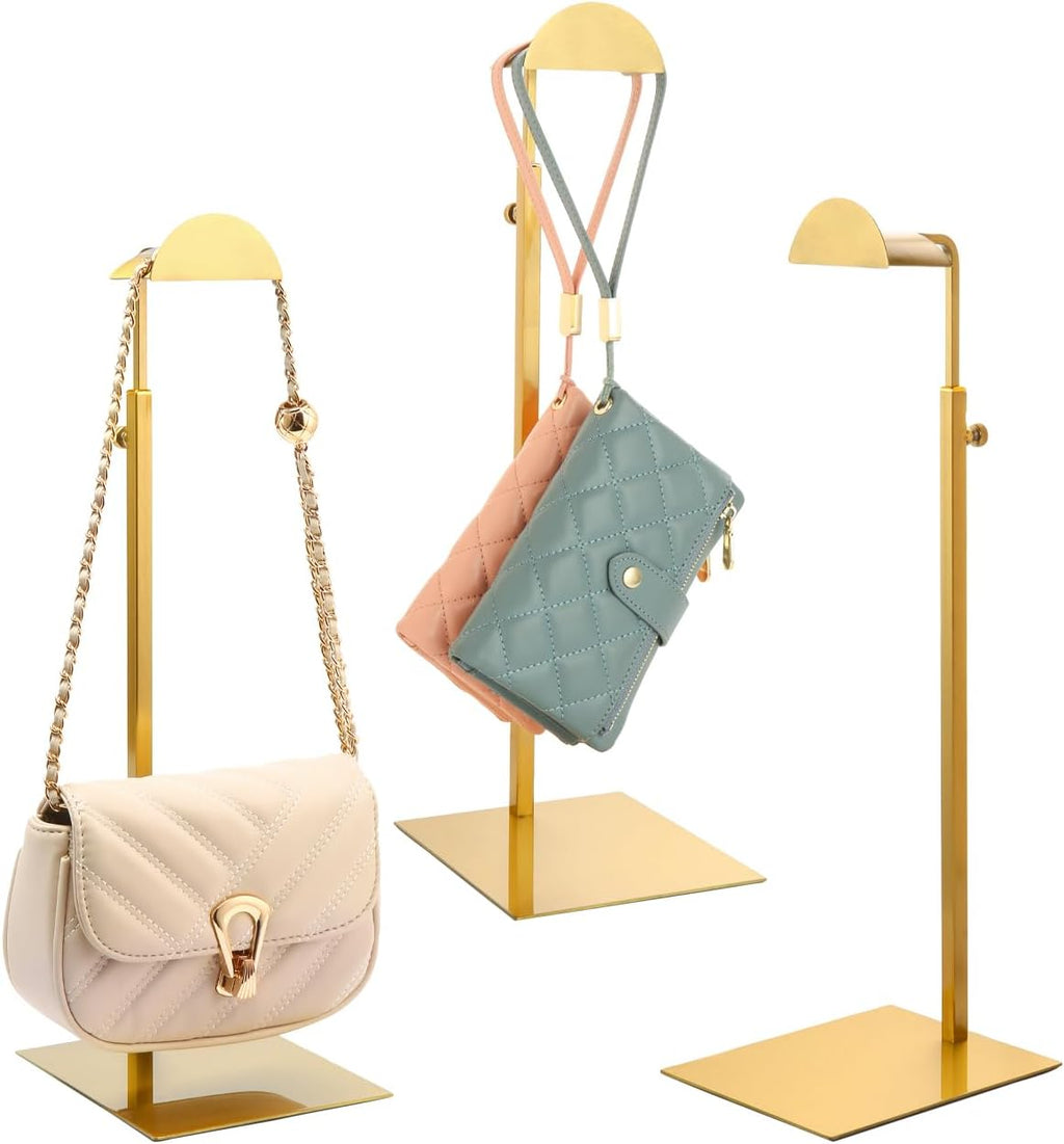 Purse Display Stands, 3 Pack Gold Purse Display Rack Stainless Steel Handbag Display Stand Adjustable Height Bag Stand Holder Anti-fingerprint Hanger Rack for Retail Boutiques Commercial Store