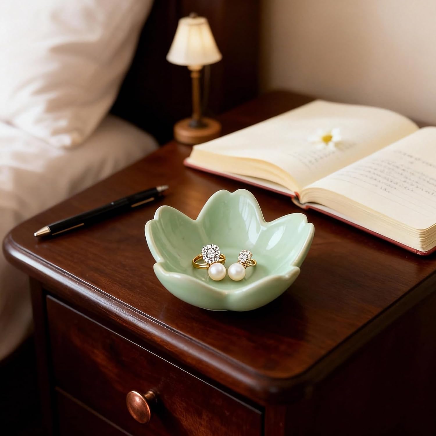 Sage Green Flower Ring Dish Ceramic Jewelry Tray Small Trinket Dish | Ring Bowl Jewelry Holder Organizer for Vanity/Bathroom/Nightstand, Birthday/Xmas/Engagement Gift for Women/Best Friends/Bride