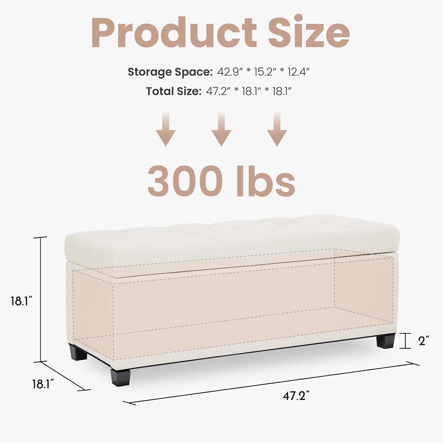 Living&Giving Storage Ottoman Bench for Bedroom, 47.2", Ivory | 47.2-inch storage ottoman with safety hinge, tufted upholstered seat and spacious hidden storage for everyday organization.