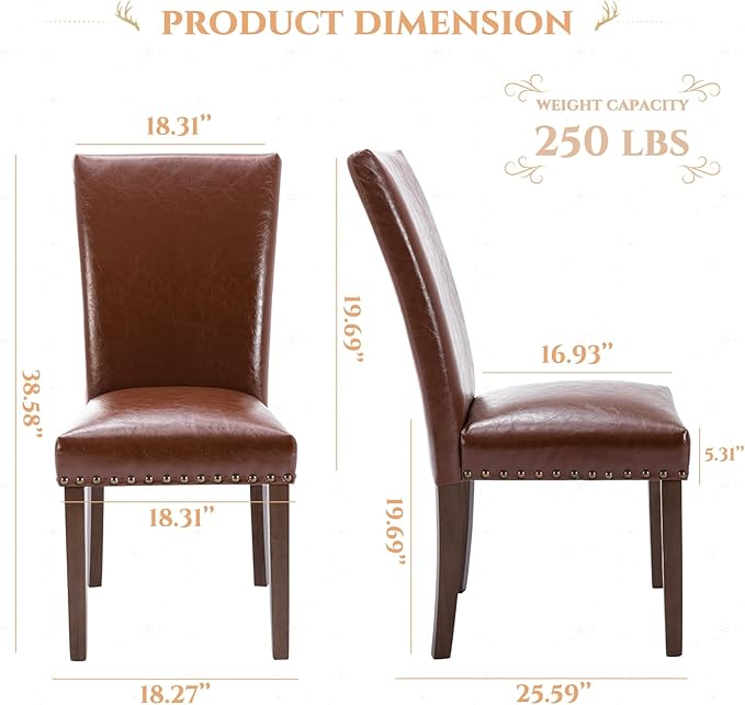 Parsons Dining Chairs Set of 6, Upholstered Nailhead PU Leather Dining Room Kitchen Side Chair with Thick Cushions and Wood Legs, Light Brown