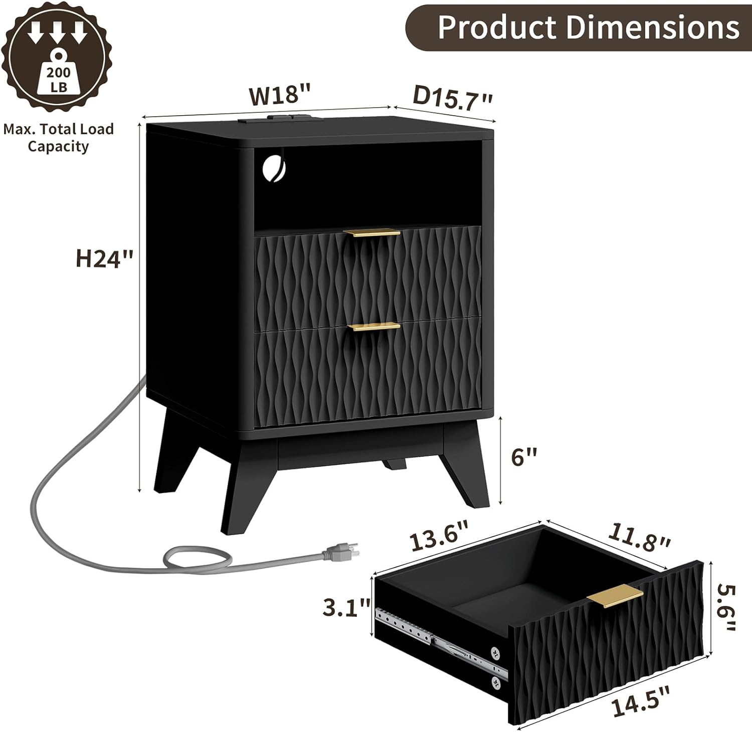 Fluted Nightstand with Charging Station, 18" Modern End Table with Storage Drawers, Bedside Table for Bedroom (Black)