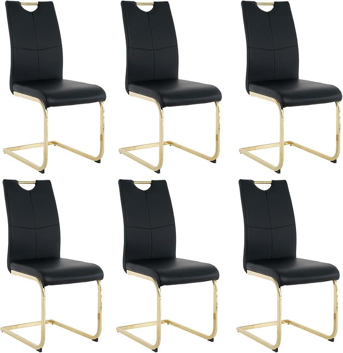 Goujxcy Dining Chairs Set of 6, Modern High Back Kitchen Chairs with Metal Legs and Faux Leather Padded Seat Upholstered Dining Chairs for Dining & Kitchen,Living Room (Black&Gold, Set of 6)