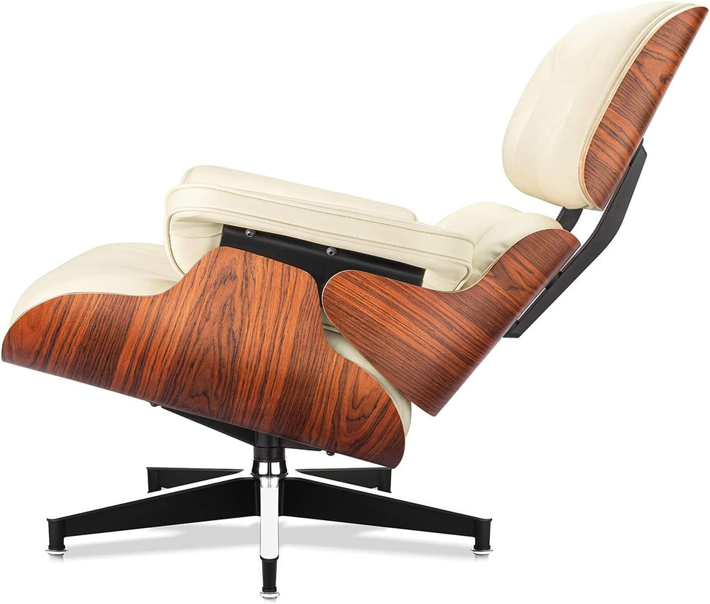 Top Cream White Grain Leather, Mid Century Chaise Lounge Chair and Ottoman, M...