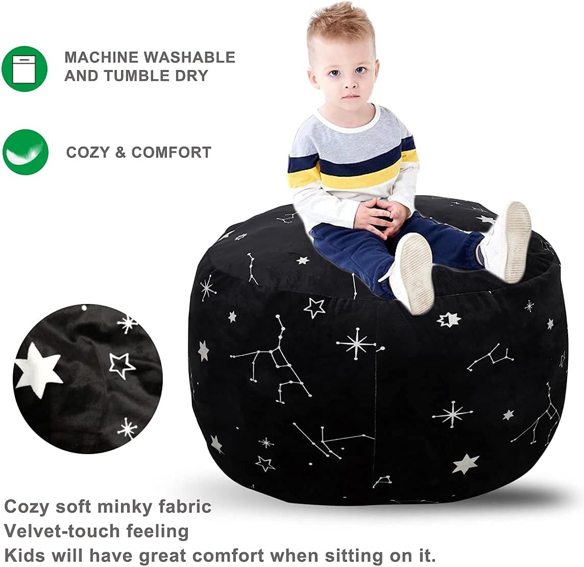 DODO NICI Bean Bag Chair Cover -(NO Beans) for Kids Teens, Zipper Opening, Soft Velvet, X-Large (34" Black)
