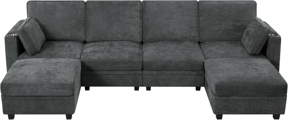 110" Chenille U-Shape Sofa w/& Adjustable Backrests, Grey | Upholste...