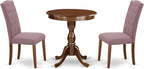 East West Furniture ESCE3-MAH-10 3 Piece Kitchen Table Set Contains a Round Dining Room Table with Pedestal and 2 Dahlia Linen Fabric Parsons Dining Chairs, 30x30 Inch, Mahogany