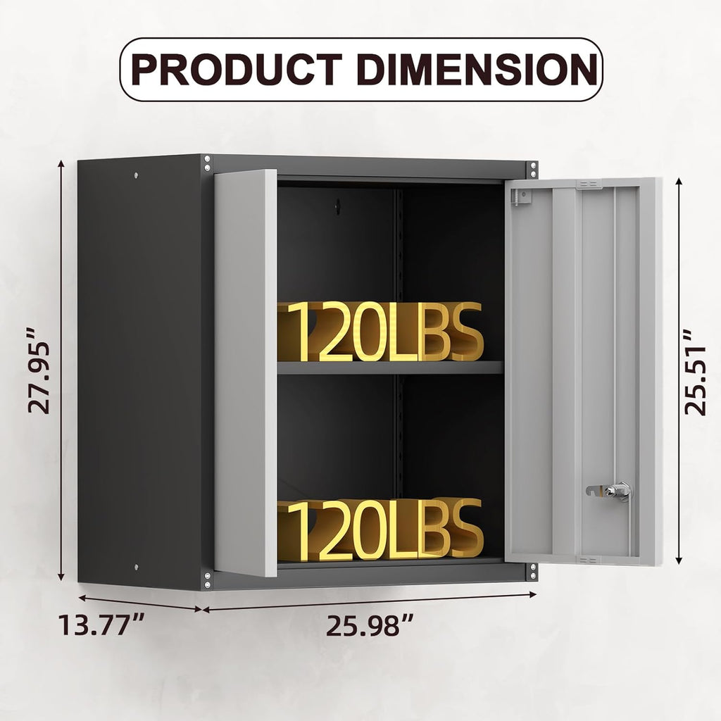 Metal Wall Cabinet, Garage Cabinets Wall Mounted, Locking Storage with Adjustable Shelves, Wall Mounted Garage Cabinet with Doors, Floating Cabinet for Home Office, Utility Room