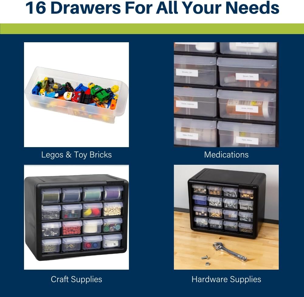 Akro-Mils 16-Drawer Plastic Cabinet for Garage Organization, Beads, Makeup Organizer, Building Bricks Storage, Teacher Toolbox, 10-1/2" W x 6-1/2" D x 8-1/2" H, 10716 Black (Pack of 4)