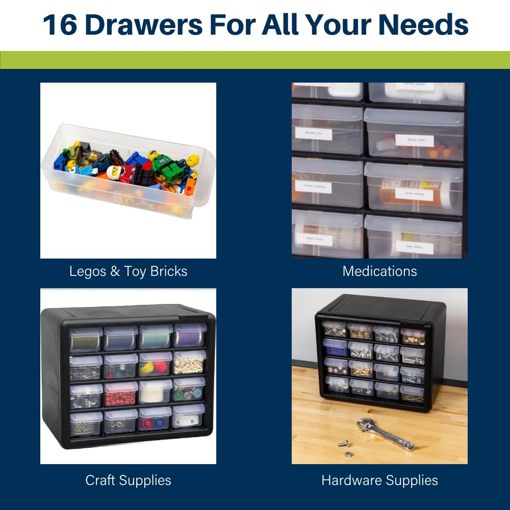 Akro-Mils 16-Drawer Plastic Storage Cabinet | 10-1/2 x 6-1/2 x 8-1/2 Inch | Black | Model 10116 | Garage Organization