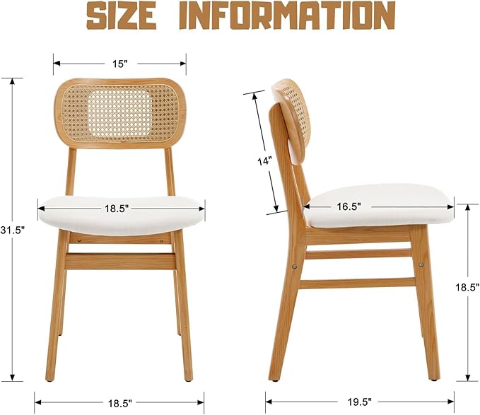 Rattan Dining Chairs Set of 6 Beige Linen Fabric Dining Room Chairs Natural Wooden Kitchen Chairs Farmhouse Boho
