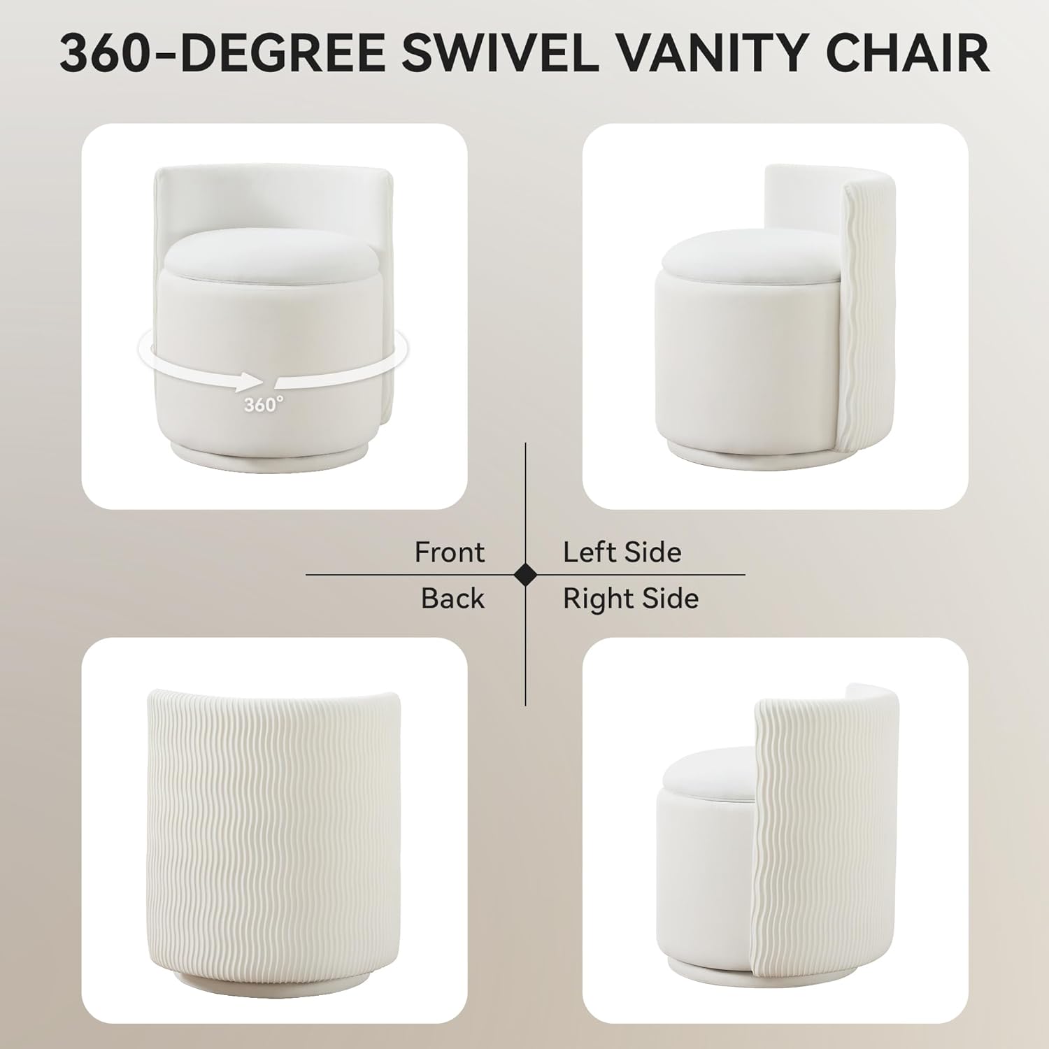 WUTUTUEE Velvet Vanity Chair with Storage, 360° Swivel Makeup Chair with Wave Back, No Assembly Small Accent Stool for Bedroom, Dressing, Living Room, White