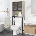Launica Bathroom Space Saver, Over The Toilet Storage Cabinet, Metal and Wood Industrial Organizer Stand Above Toilet, Freestanding Rack Behind Toilet Wtih Shelf, Light Grey Oak