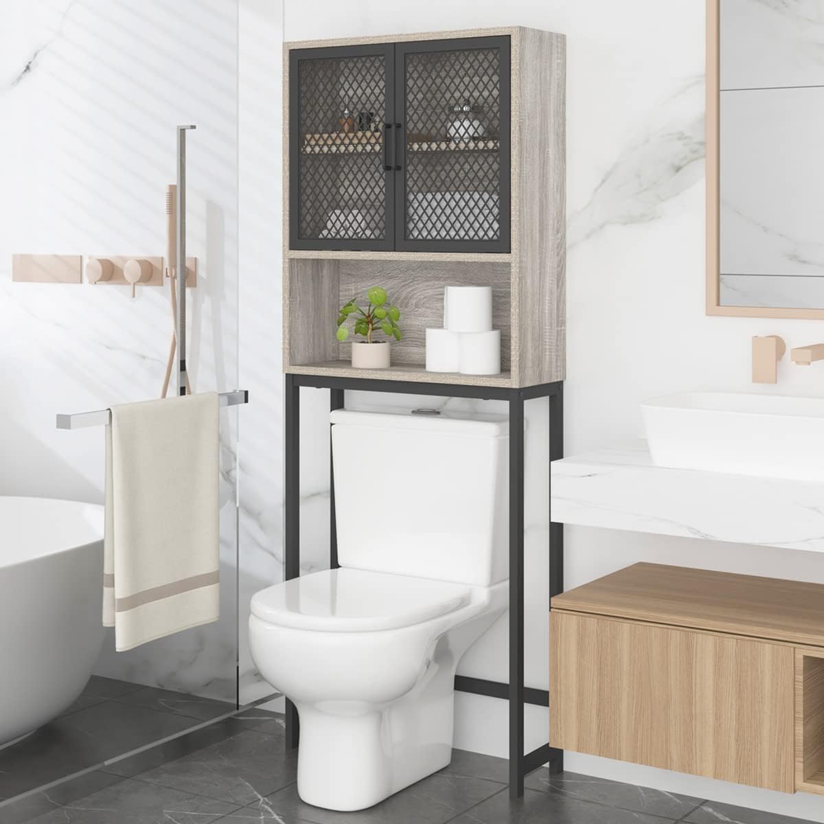 Launica Bathroom Space Saver, Over The Toilet Storage Cabinet, Metal and Wood Industrial Organizer Stand Above Toilet, Freestanding Rack Behind Toilet Wtih Shelf, Light Grey Oak