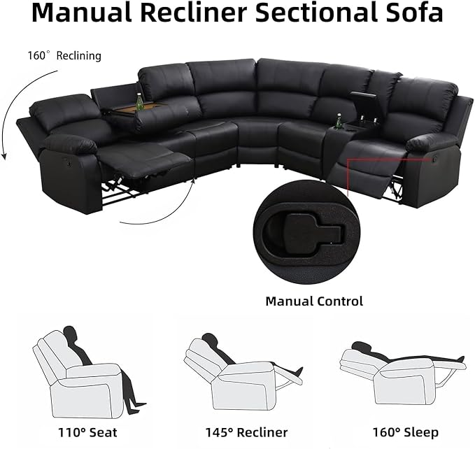 Manual Recliner Sectional Sofa Set, Bonded Leather L-Shaped Living Room Furniture Sets, Reclining Sectional Corner Couch and 2 Reclining Chairs Set for Home Office (Black, Sectional + 2 Chairs)