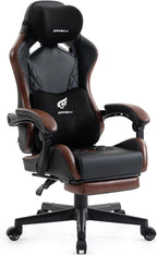 Ergonomic Gaming Chair for Adults with Footrest - PU Leather Computer Gamer Chair with Memory Foam Headrest & Lumbar Pillow, Reclining Silla Gamer Video Game Chair for Home Office, Black & Brown