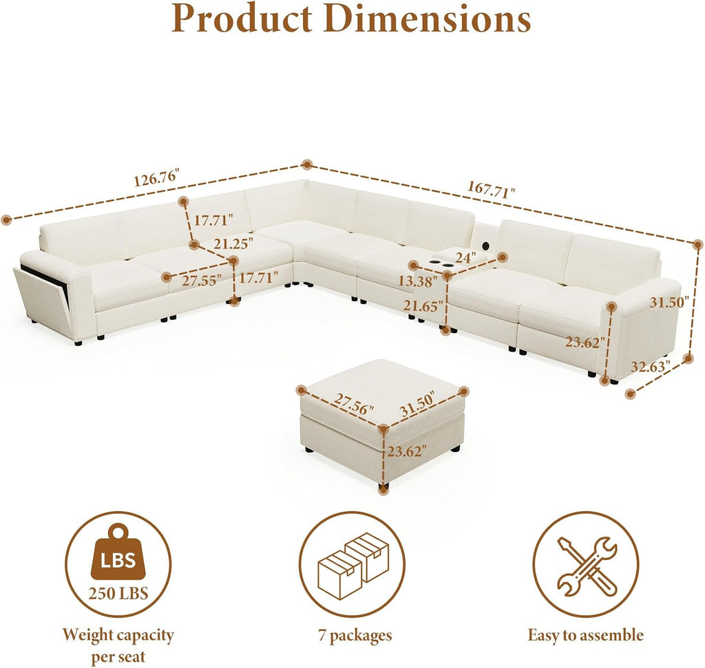 Vesgantti Oversized 8-Seater Chenille L Shaped Sectional Sofa, Beige | Modular, with Ottoman, 2 Cup Holders, USB Port, Storage Box, Comfy Couch for Living Room, Apartment, Pet-friendly