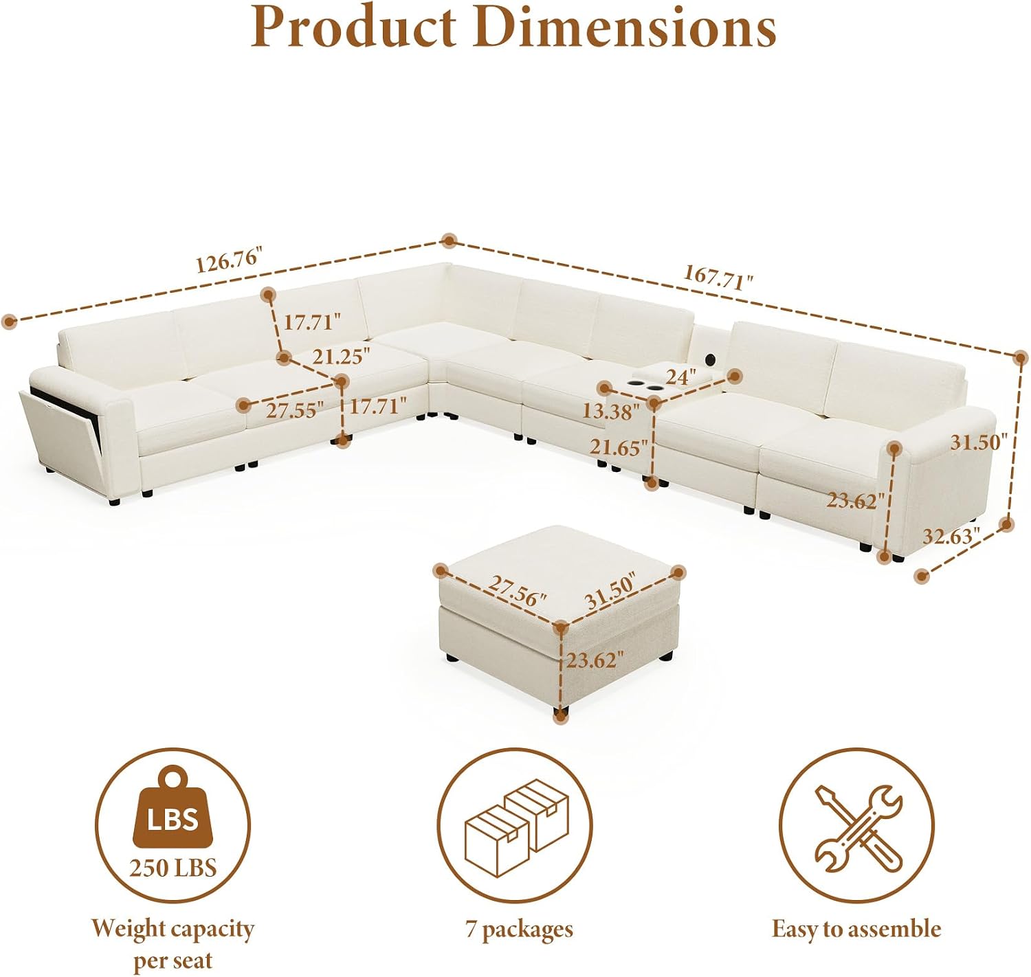 Vesgantti Oversized 8-Seater Chenille L Shaped Sectional Sofa, Beige | Modular, with Ottoman, 2 Cup Holders, USB Port, Storage Box, Comfy Couch for Living Room, Apartment, Pet-friendly
