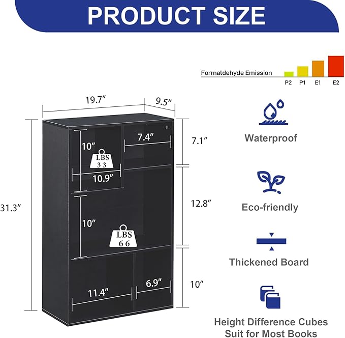 VECELO 5 Cube Modern Bookcases, 3 Tier Bookshelves,31 Inch High Cubby Storage Organizer，Shelf Hight Up to 12.8 Inches Suit for Most Books,Vertical or Horizontal Use Available,Vintage Black