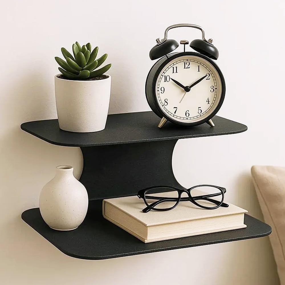Simple Metal Floating Nightstands Set of 2, Wall Mounted Black Bedside Shelf for Bedroom, Minimalist Modern Bedside Stand, Floating Shelf with 2 Tier Storage for Bedroom (Black, Set of 2)