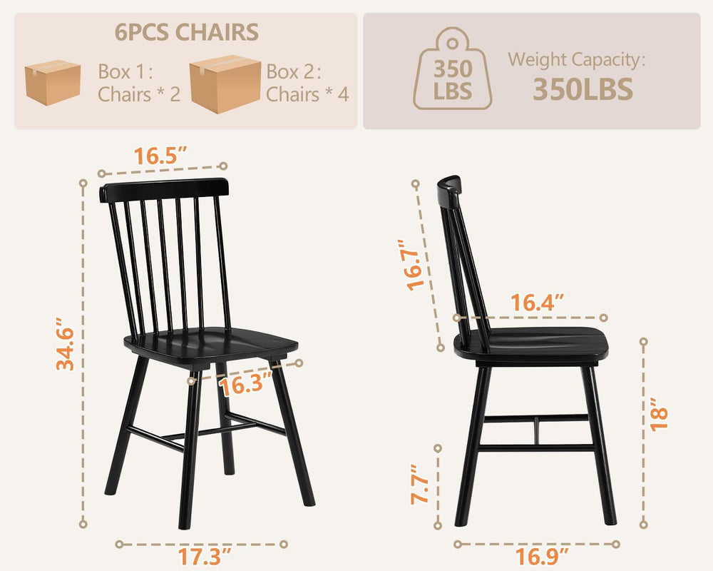 PrimeZone Windsor Dining Chairs Set of 6 - Solid Rubber Wood Farmhouse Kitche...