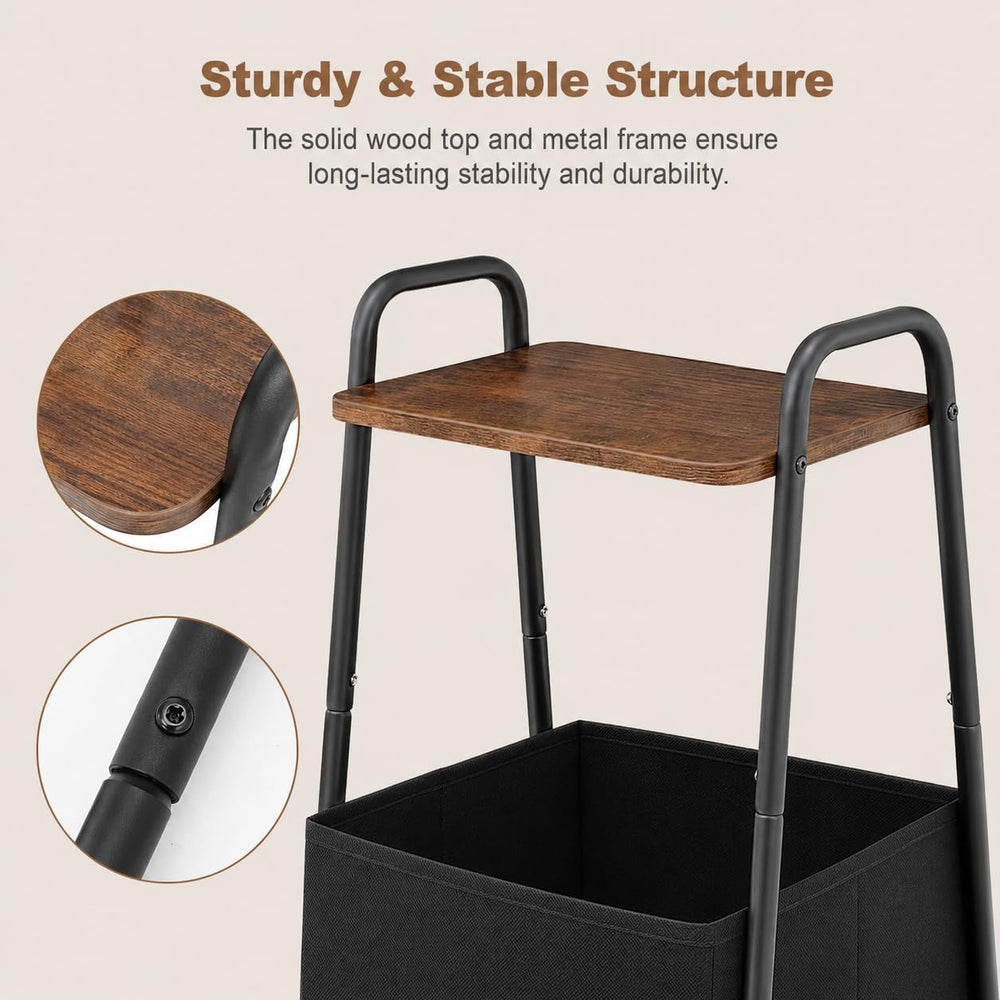 Rustic Brown Metal Frame Nightstand - Small Side Table with Fabric Storage Ba...