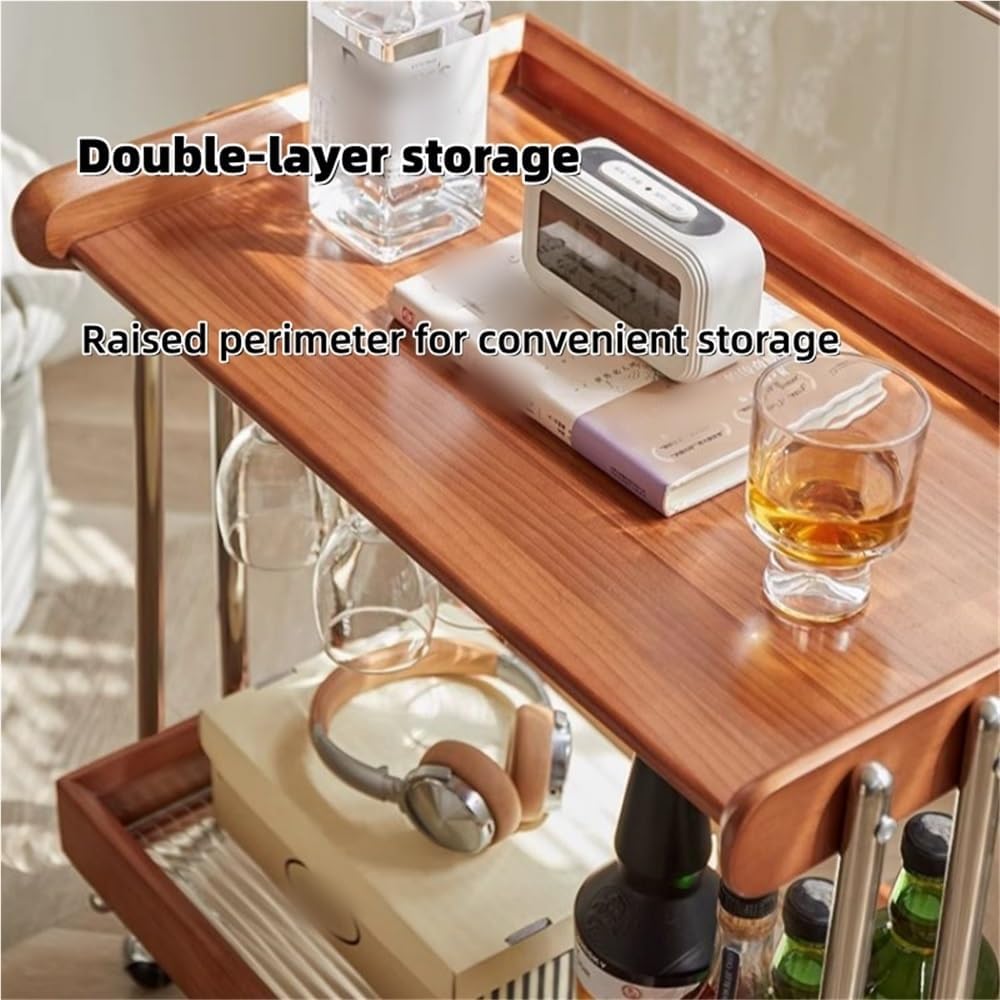 Double-Layer Bar Cart, Modern Bedside Cart with Handle, Side Table with Wheel...