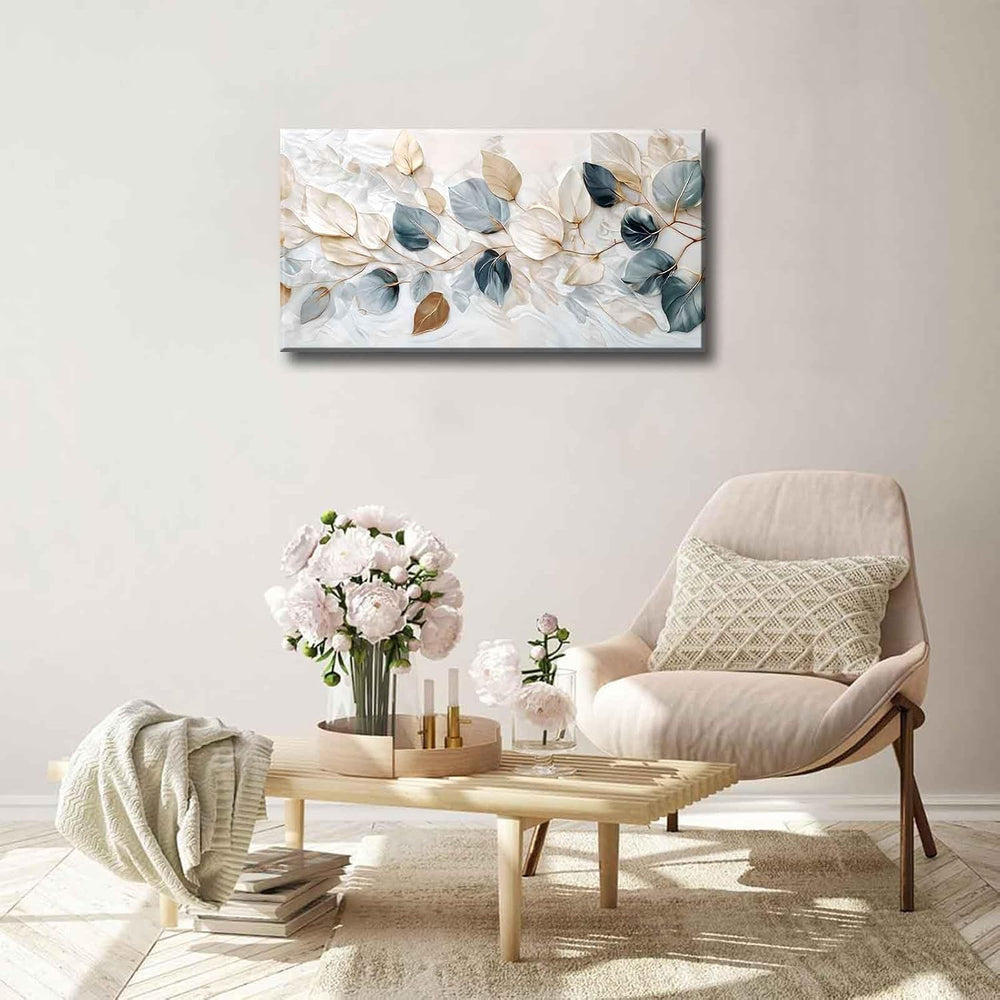 Large Living Eucalyptus Leaf Canvas Wall Art Teal White Botanical Abstract De...