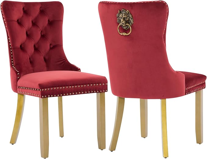 Velvet Dining Chairs Set of 2, Modern Tufted Dining Room Chair, Upholstered Dining Chairs with Lion Head Pulls Ring and Golden Solid Wood Legs, Luxury Kitchen Chairs for Dining Room, Burgundy