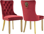 Velvet Dining Chairs Set of 2, Modern Tufted Dining Room Chair, Upholstered Dining Chairs with Lion Head Pulls Ring and Golden Solid Wood Legs, Luxury Kitchen Chairs for Dining Room, Burgundy