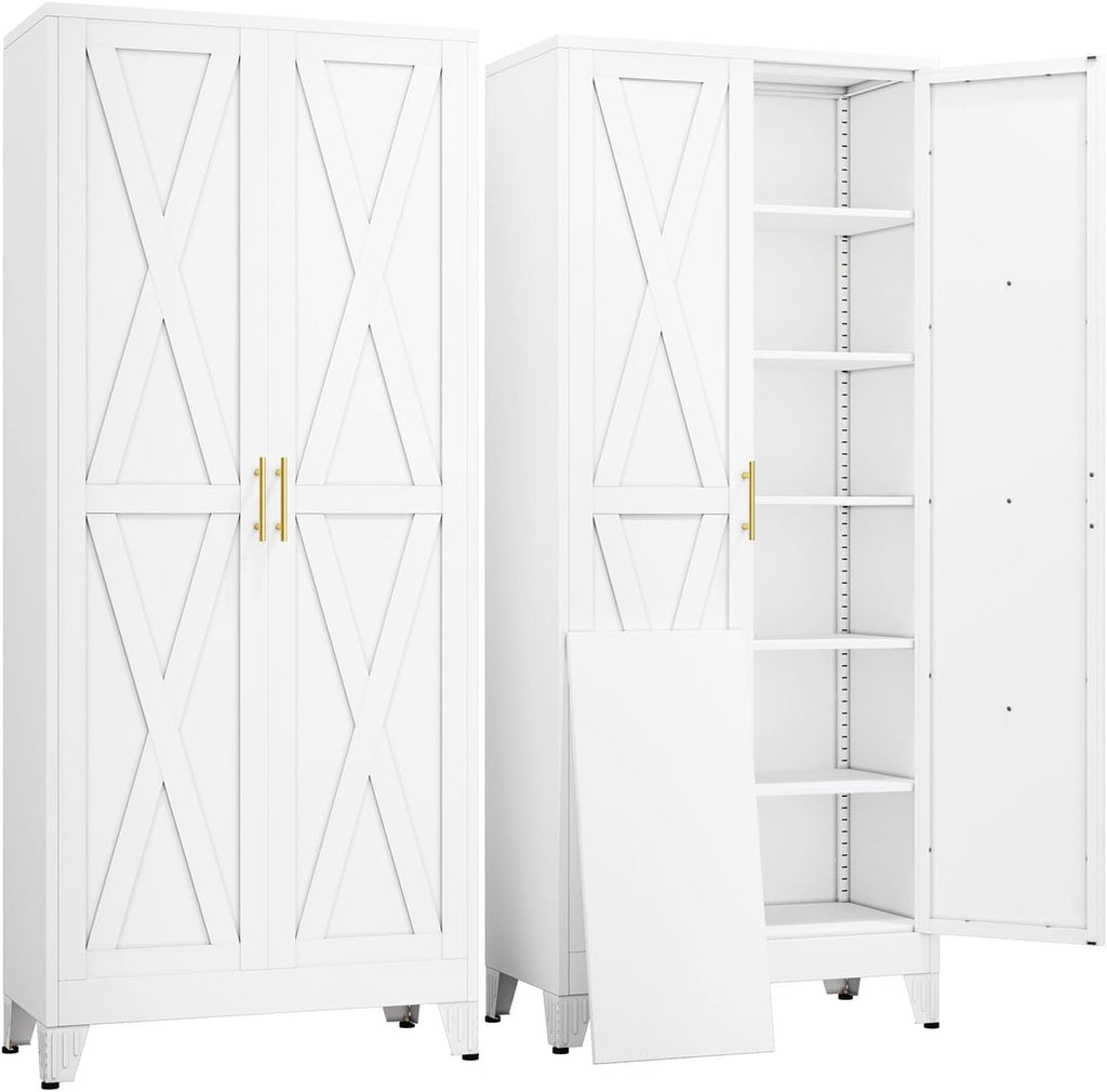 pozdeg 75" Tall Metal Kitchen Pantry Storage Cabinet with 2 Doors and 5 Adjustable Shelves, White Food Freestanding Cupboard for Kitchen, Dining Room, Bathroom and Garage (White)