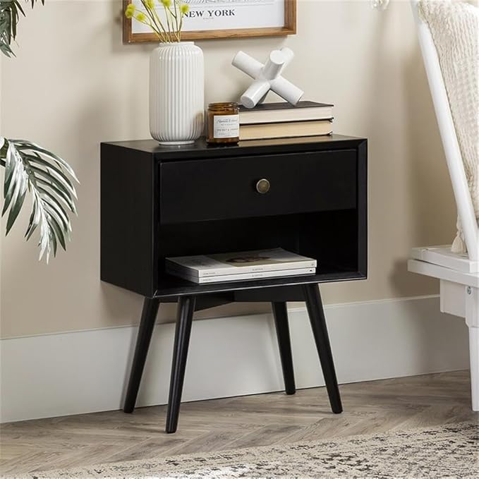 Walker Edison Ella Mid Century Modern 1 Drawer Solid Wood Nightstand, 1 Pack, Black