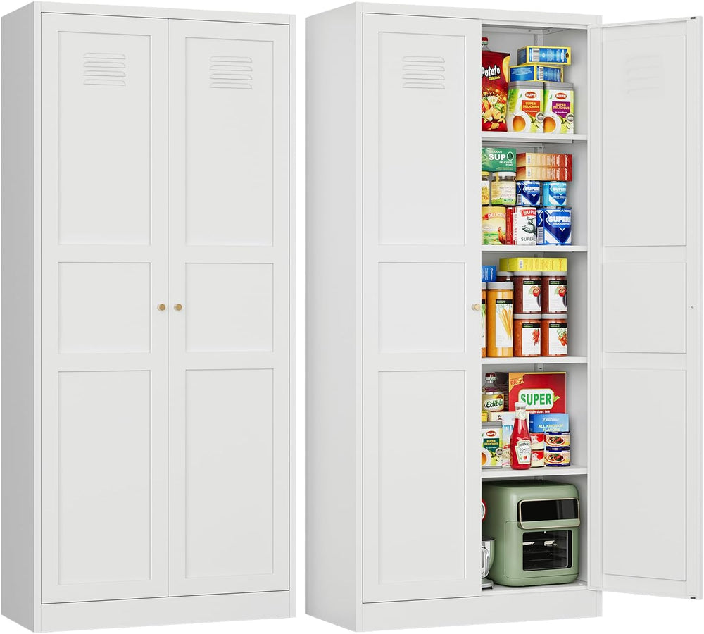Letaya White Storage Cabinet with Adjustable Shelves-Metal Home Kitchen Pantr...