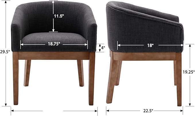 Mid Century Modern Upholstered Barrel Dining Chairs with Arms Set of 4, Farmhouse Linen Kitchen & Dining Room Chairs with Natural Hardwood Frame, 18" W Accent Chairs for Living Room Bedroom, Charcoal