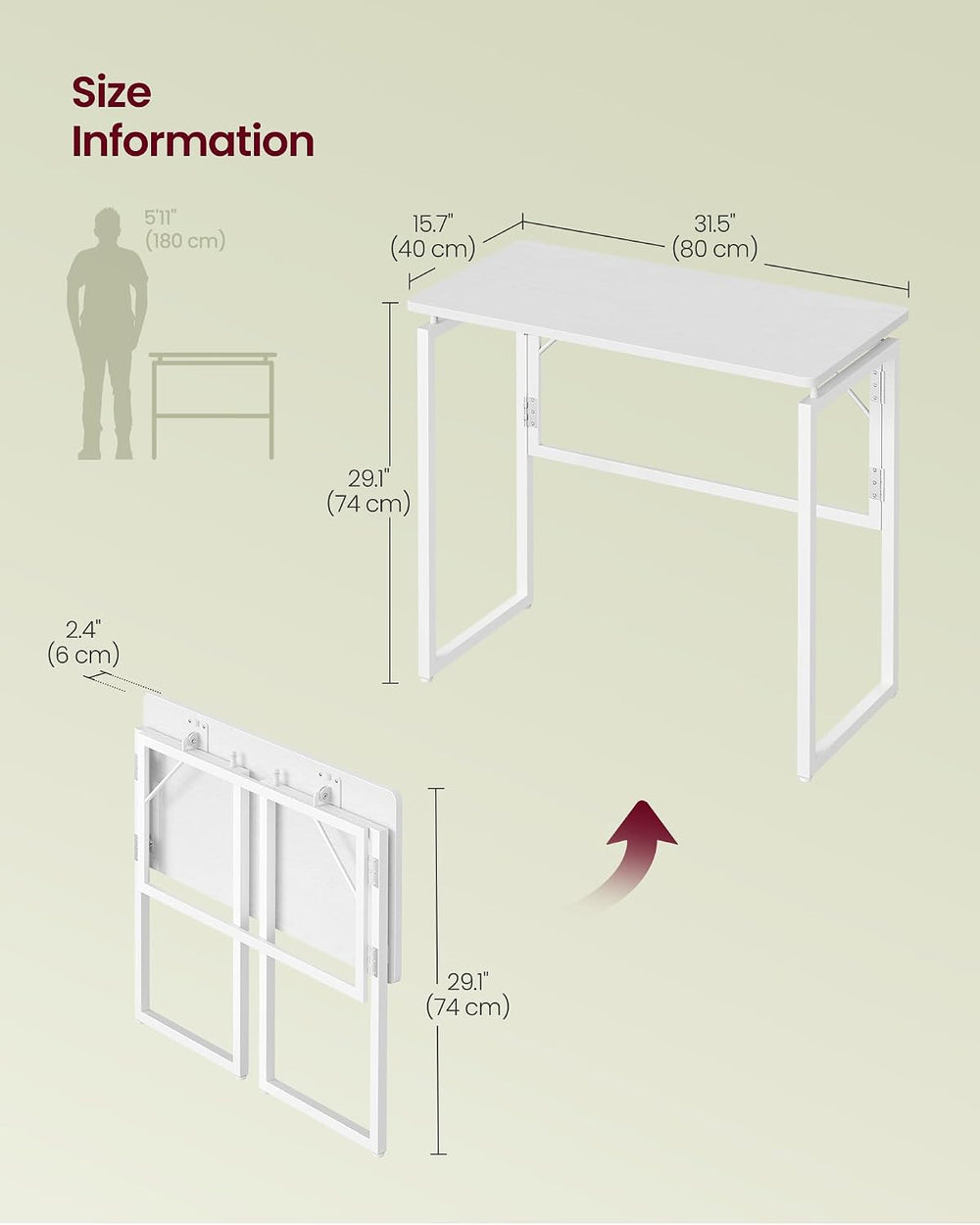 VASAGLE Folding Desk, Small Computer Desk, Foldable Table 31.5 Inch