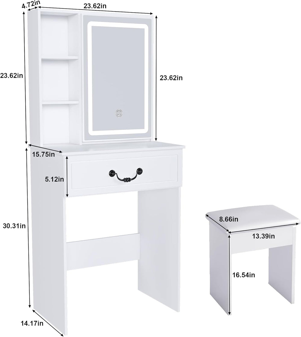 Small Makeup Vanity Desk with Mirror and Lights, Vanity Table Set with Storag...