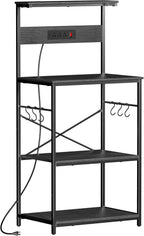 VUSIGN Kitchen Bakers Rack with Power Outlet, 4 Tiers Microwave Stand with Storage, 23.6 Inch Coffee Bar Station with 6 S Hooks, Adjustable Shelf Rack for Pots/Pans/Spices, Black