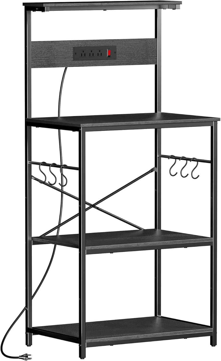 VUSIGN Kitchen Bakers Rack with Power Outlet, 4 Tiers Microwave Stand with Storage, 23.6 Inch Coffee Bar Station with 6 S Hooks, Adjustable Shelf Rack for Pots/Pans/Spices, Black