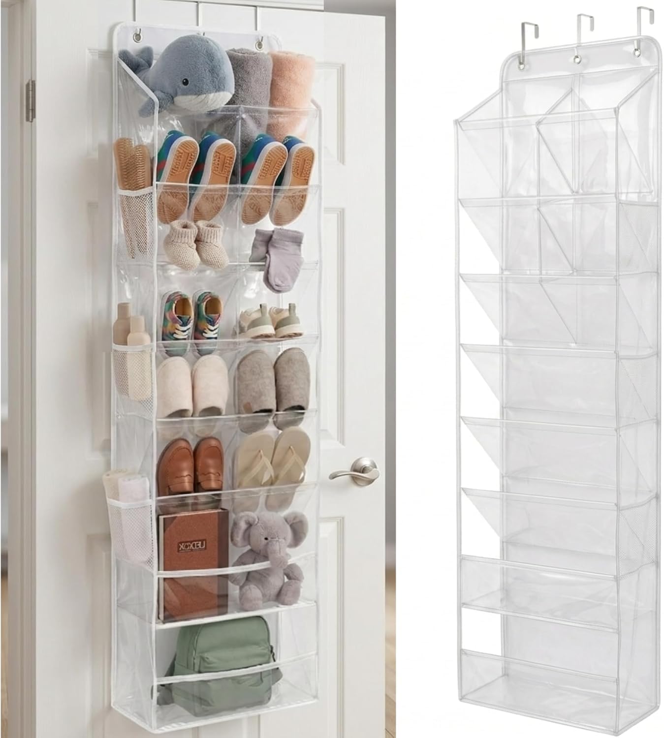 8 Tier Hanging Shoe Organizer for Closet, Over the Door Shoe Organizer with Deep 120D Extra Thick Pockets, Shoe Rack for Closet & Entryway, with 6 Side Pockets for Boots (Transparent)