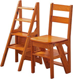 Solid Wood Folding Ladder Chair,2-in-1 Portable Wood Step Ladder,multi-functional Step Stool,folding Chair Display Storage Shelf For Home, Library, Kitchen(14.9"D x 13.7"W x 35.4"H, Light Walnut)