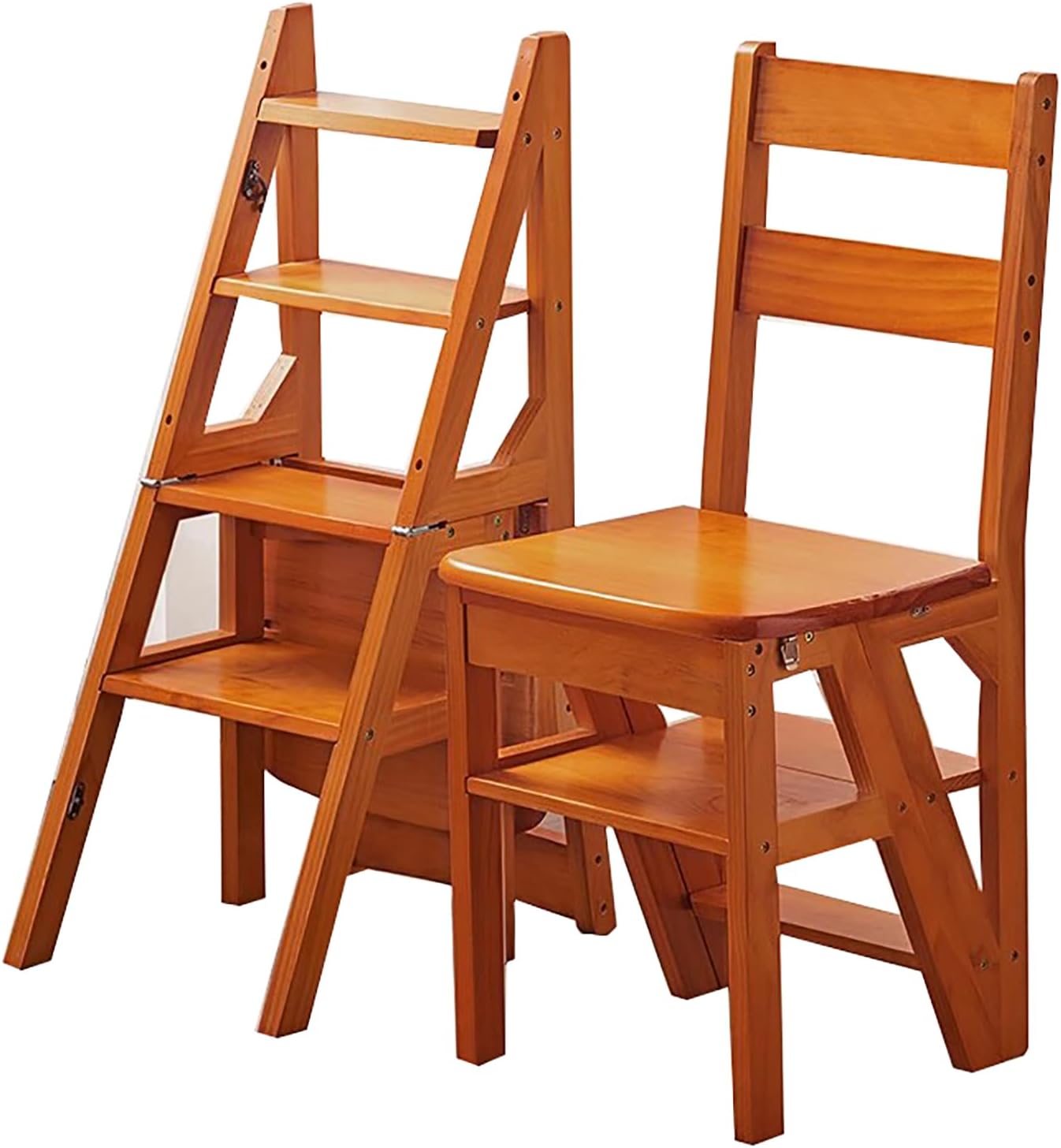 Solid Wood Folding Ladder Chair,2-in-1 Portable Wood Step Ladder,multi-functional Step Stool,folding Chair Display Storage Shelf For Home, Library, Kitchen(14.9"D x 13.7"W x 35.4"H, Light Walnut)