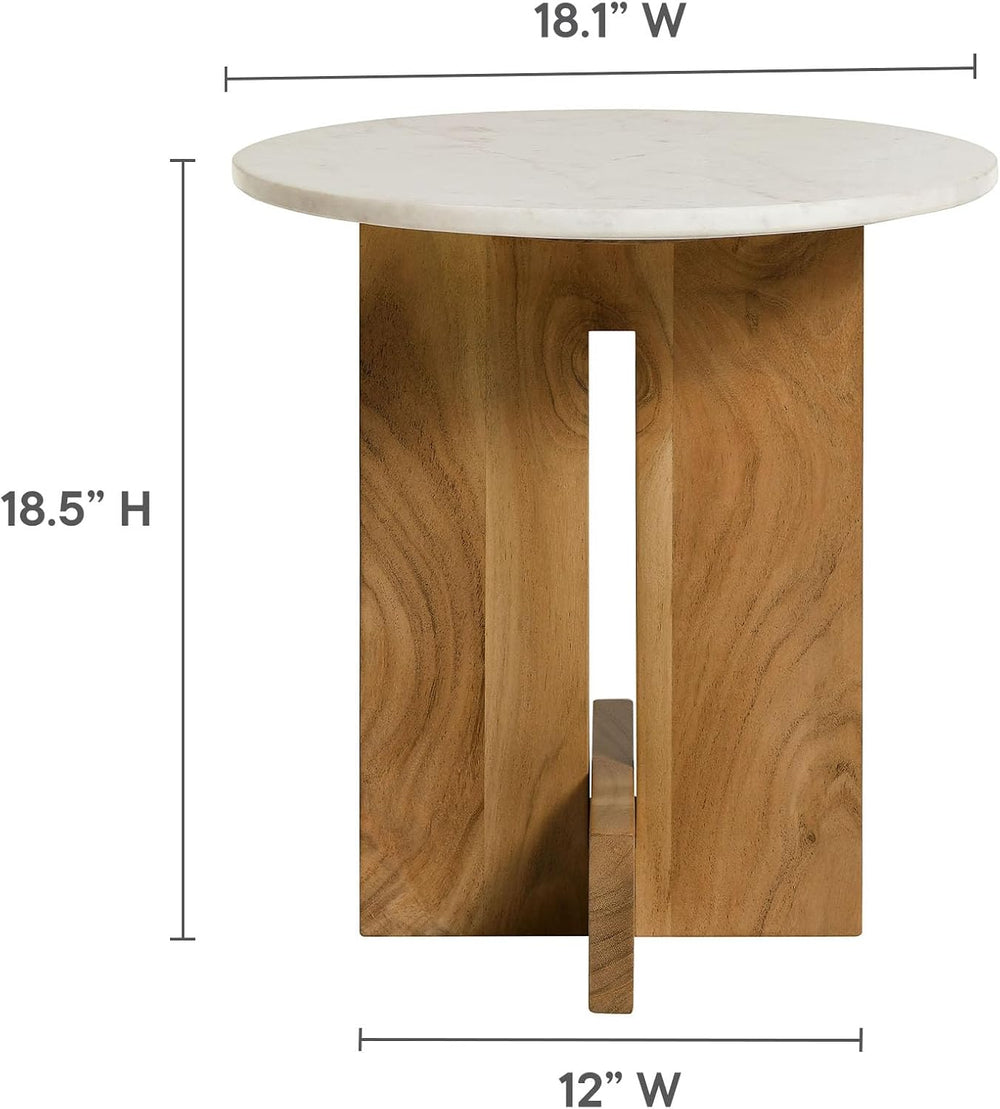Modway Tarin Marble Top Side Table in Natural - Round Acacia Wood Living Room...