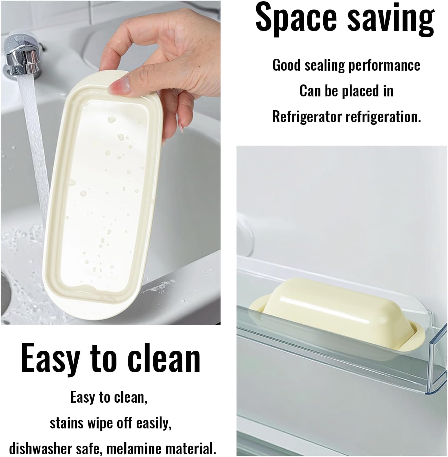 Butter Dish with Lid and Knife, Durable Countertop & Fridge Butter Keeper, BPA-Free Melamine Butter Container, Dishwasher Safe, Fits East/West Coast Butter Sticks (Cream)