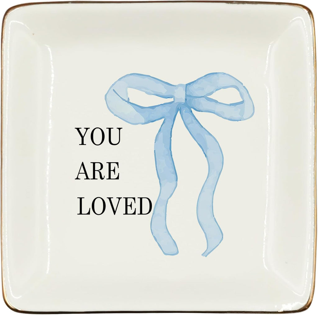 WODMIS Coquette Blue Bow You Are Loved Ceramic Jewelry Tray Dish, Inspirational Gifts for Women, Preppy Bow Girly Motivational Jewelry Plate Ring Trinket Dish, Positive Affirmation Gifts