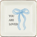 WODMIS Coquette Blue Bow You Are Loved Ceramic Jewelry Tray Dish, Inspirational Gifts for Women, Preppy Bow Girly Motivational Jewelry Plate Ring Trinket Dish, Positive Affirmation Gifts