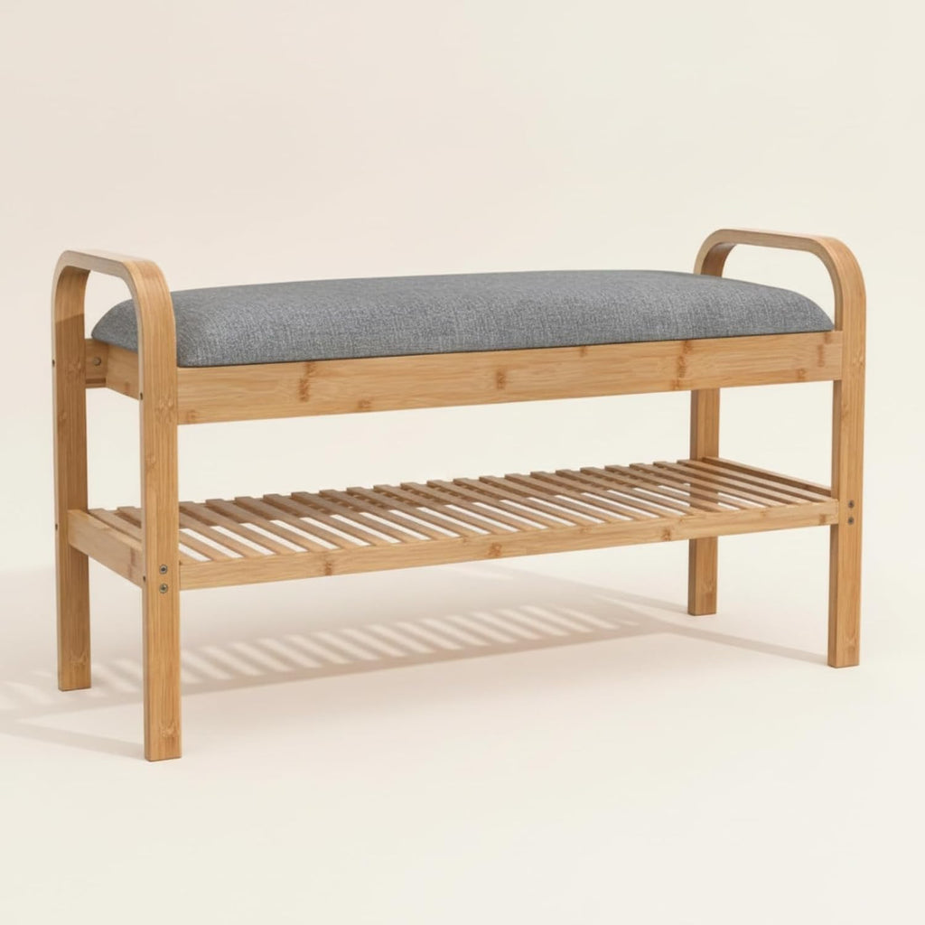 Children Footstool Organizer Bench with Upholstered Seat and Bamboo Shoe Rack Sturdy Build with Straight Legs Rounded Handles for Easy Carry Suitable for entryway Nursery Living Room Hallway