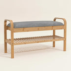 Children Footstool Organizer Bench with Upholstered Seat and Bamboo Shoe Rack Sturdy Build with Straight Legs Rounded Handles for Easy Carry Suitable for entryway Nursery Living Room Hallway