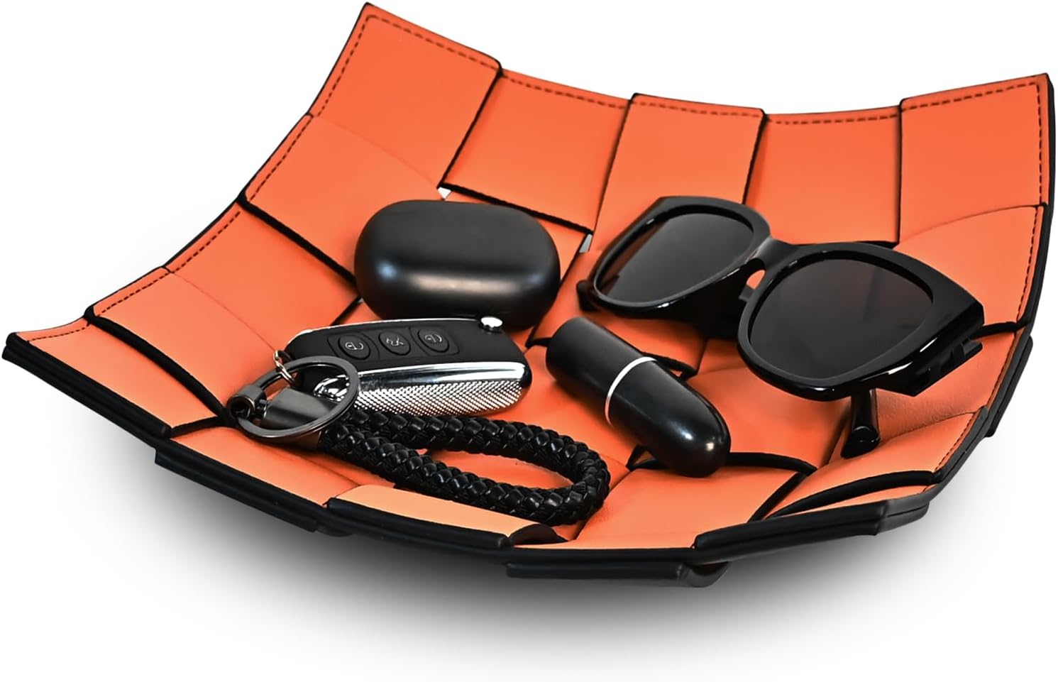 MSJGA Valet Tray PU Leather Key Holder Bowl for Women and Men Entryway Table Nightstand Desk Tray for Wallet, Keys Men's Gift - Orange & Black, 9.8" L x 9.8" W x 2" H